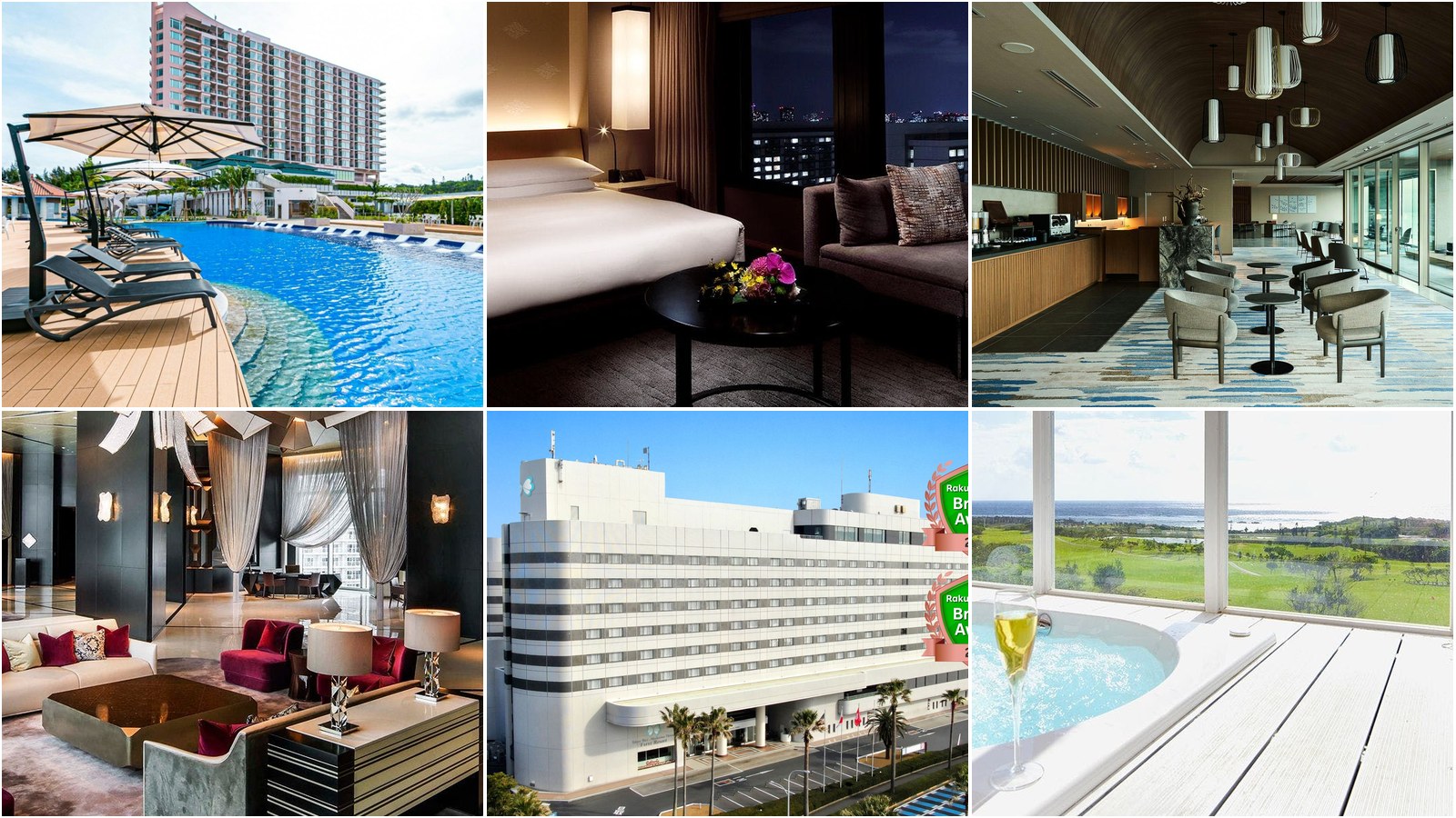 夏旅コスパ最強の宿6軒コラージュ — オリエンタル沖縄／キャピトル東急／佳ら久／カハラ横浜／東京ベイ舞浜ファースト／シギラ宮古島