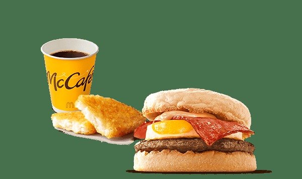 朝マックのセット。マフィン、ハッシュポテト、McCafeのドリンク