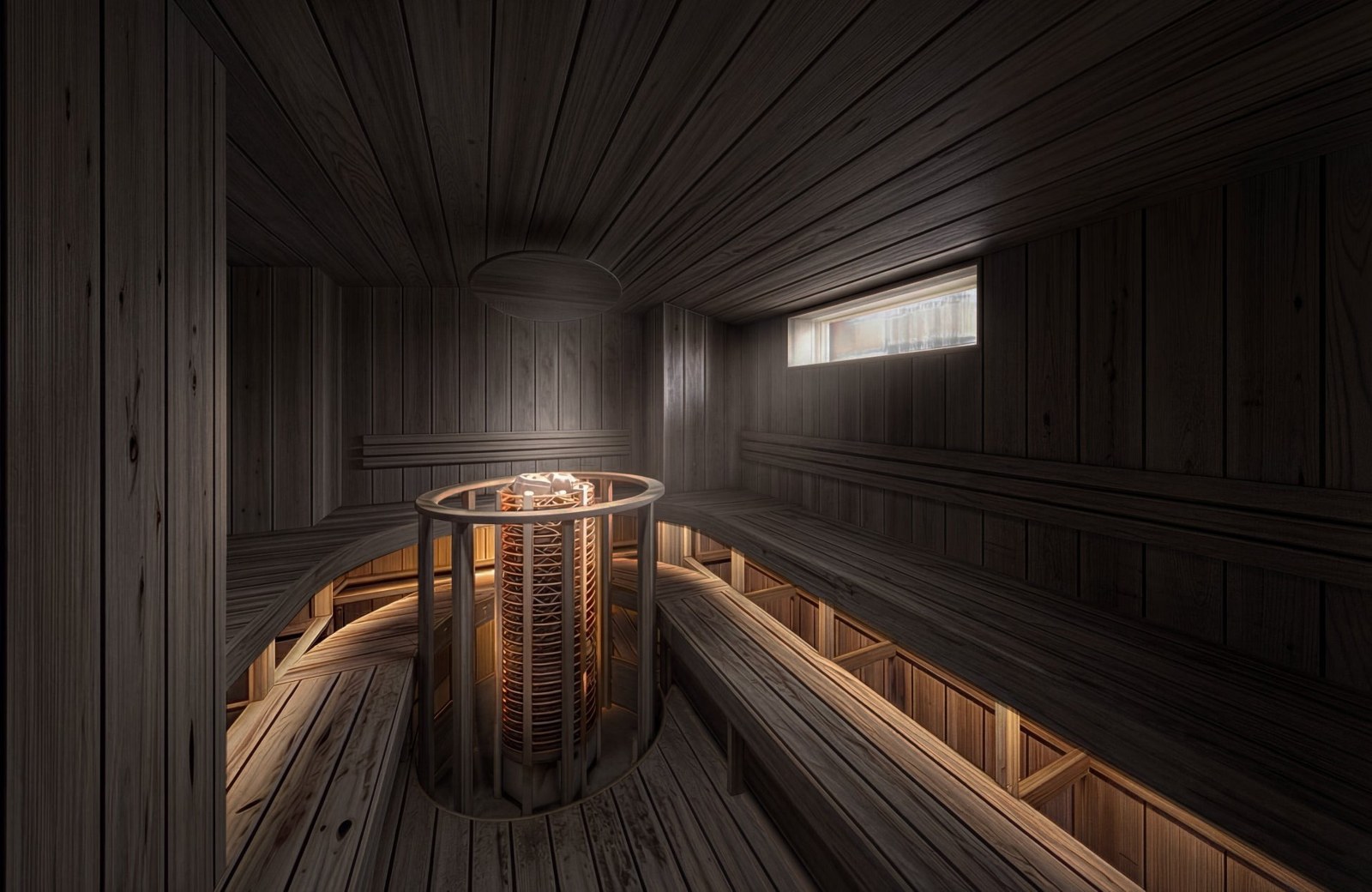 門仲SAUNAS LO のサウナ室。黒い木の内装の中央にストーブが置かれている