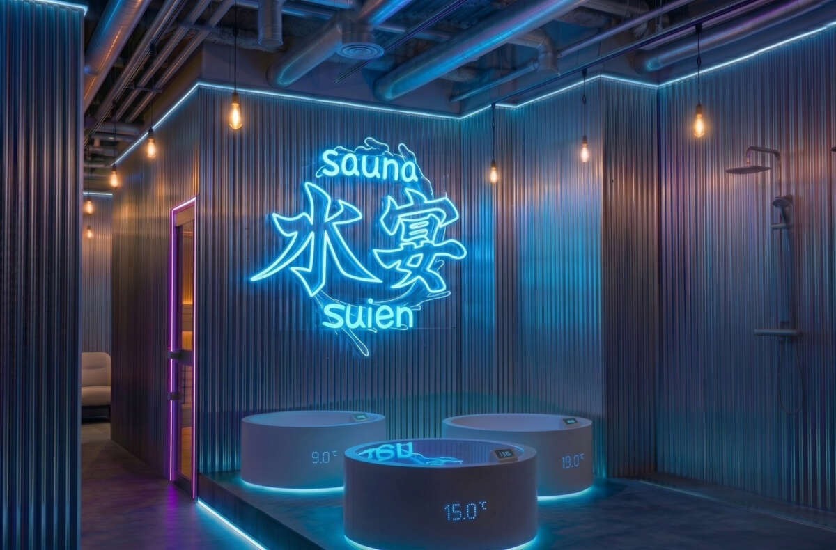 水宴のサウナ。ネオンの「水宴 suien」の文字と円形の水風呂