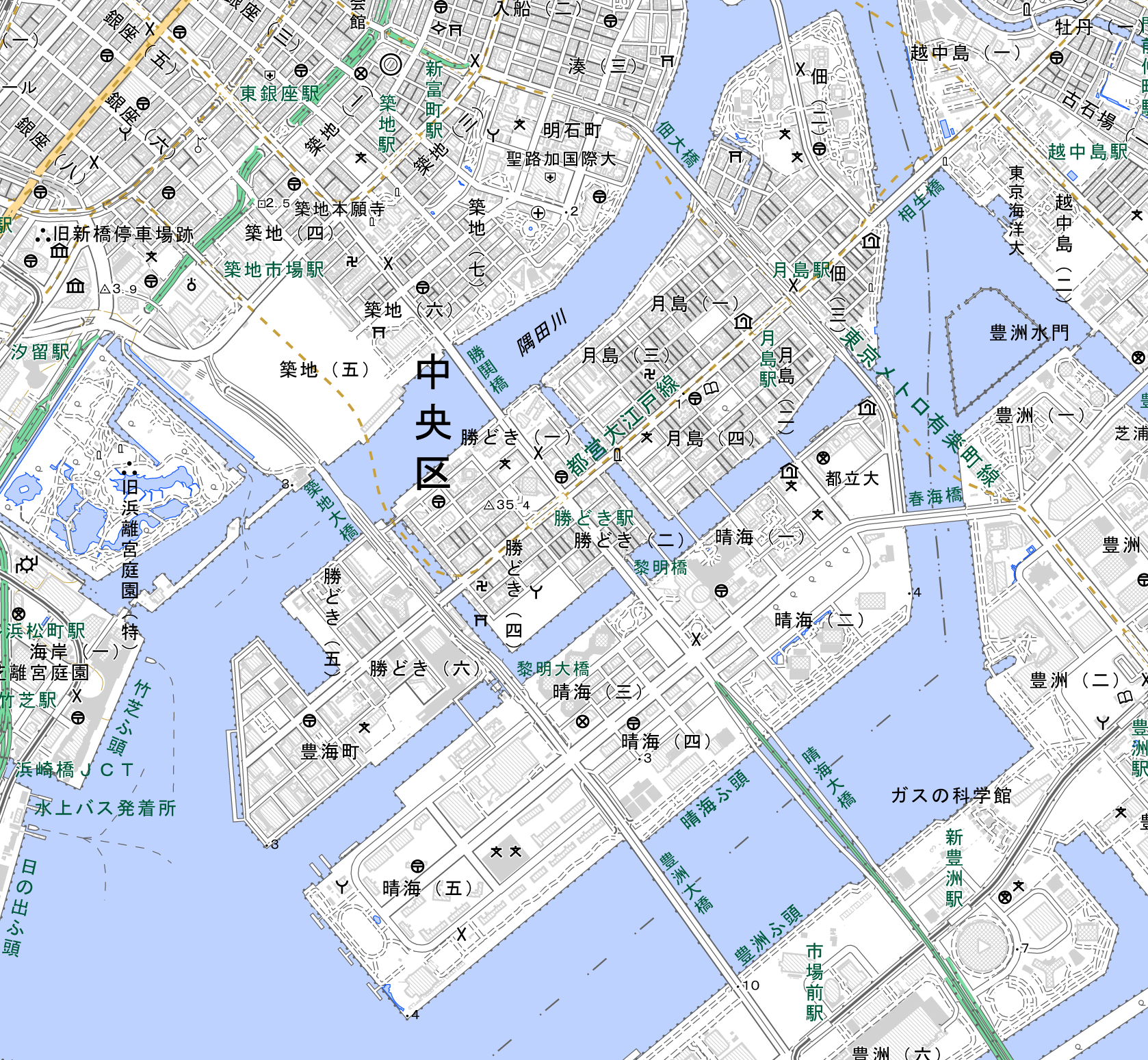 中央区湾岸(築地・月島・勝どき・豊海・晴海)の建設中タワーマンション位置図